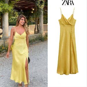 Zara Satin Effect Button V Neck Midi Dress Mustard Yellow Size Medium Blogger